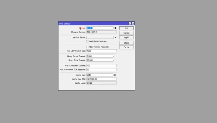 Configurar DNS estáticos. Hacer clic en la flechita para habilitar la configuración y agregar las direcciones DNS deseadas (ej: Google DNS 8.8.8.8 y 8.8.4.4).