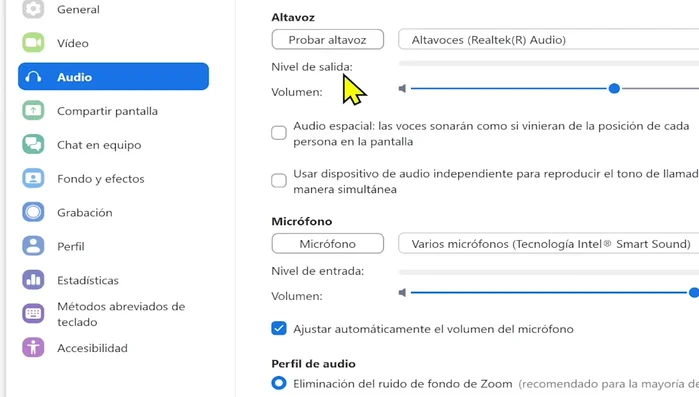 Selecciona tu micrófono de la lista desplegable. Observa la barra azul de nivel de entrada; debe moverse al hablar.