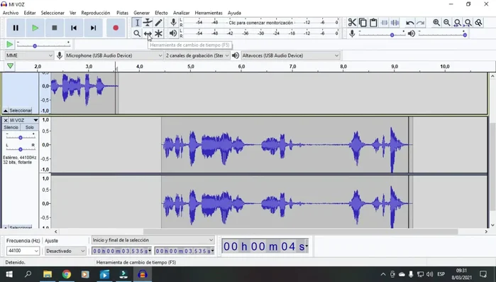 Seleccionar de nuevo la herramienta de cambio de tiempo y arrastrar el audio restante al inicio.
