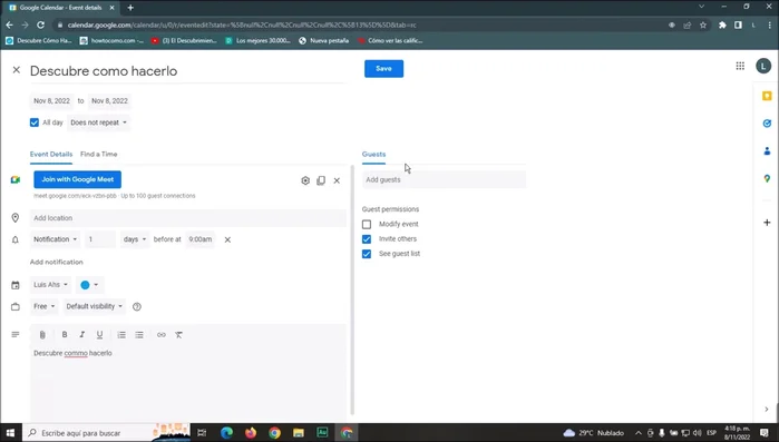 Define los permisos de los invitados: Permitir modificar el evento, invitar a otros o ver la lista de invitados.