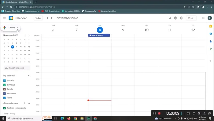 Crea un nuevo evento presionando el botón 'Crear' en la parte izquierda de la ventana.
