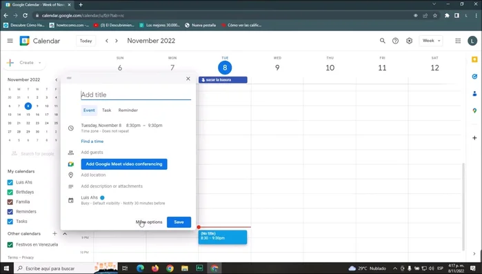 Haz clic en 'Más opciones' para acceder a una configuración más detallada del evento.