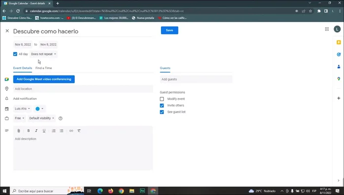 Agrega una ubicación y configura las notificaciones de recordatorio (minutos, horas, días o semanas antes).