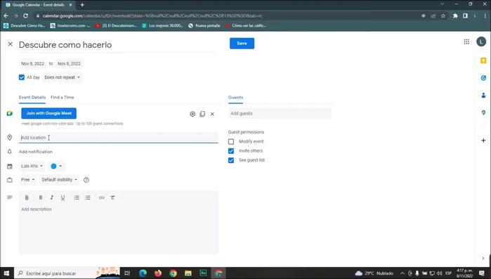 Agrega una ubicación y configura las notificaciones de recordatorio (minutos, horas, días o semanas antes).