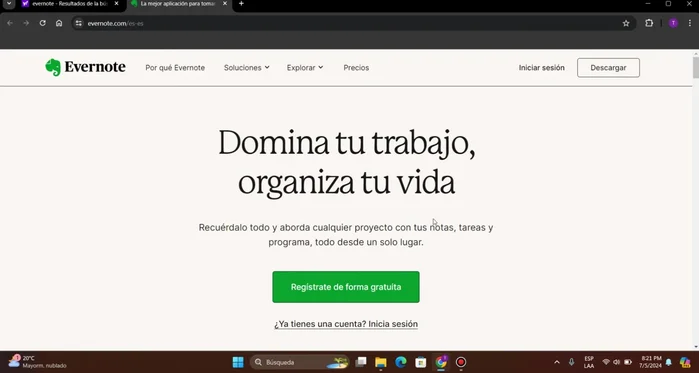 Explorar el dashboard de Evernote: Notas, Tareas, Calendario, Cuadernos, Etiquetas, Compartido y Basurero.