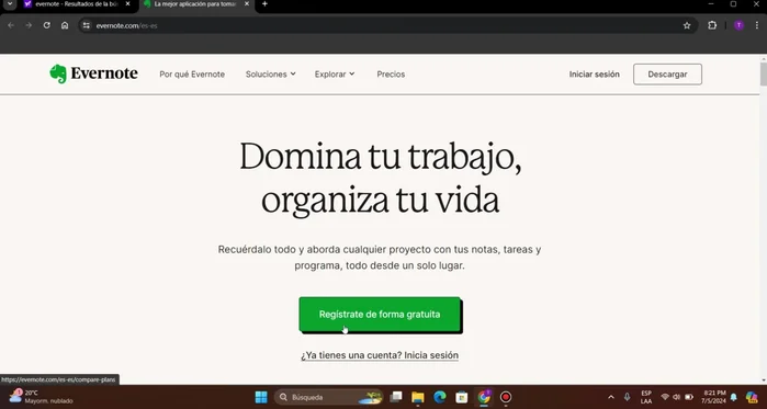 Explorar el dashboard de Evernote: Notas, Tareas, Calendario, Cuadernos, Etiquetas, Compartido y Basurero.