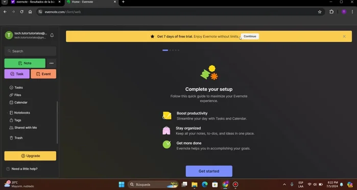 Explorar el dashboard de Evernote: Notas, Tareas, Calendario, Cuadernos, Etiquetas, Compartido y Basurero.