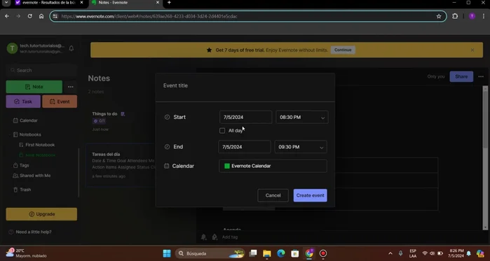 Crear eventos en el calendario con fecha de inicio y fin.
