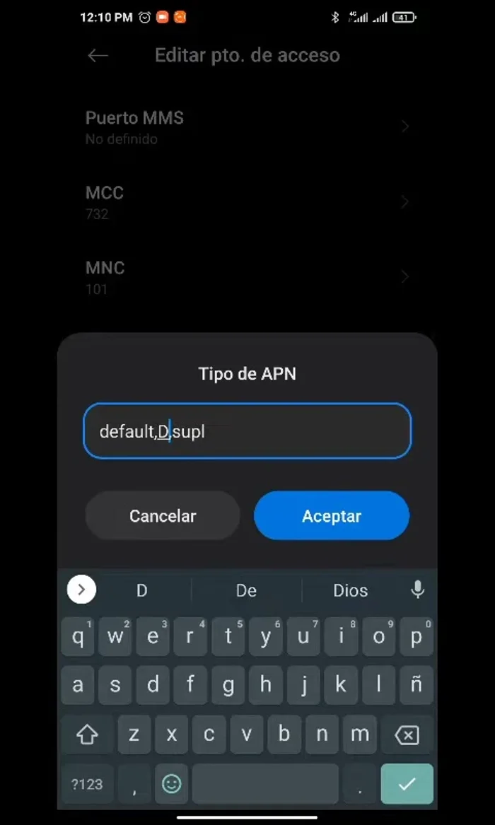 Escribir el nombre del punto de acceso en MAYÚSCULAS. (Ejemplo: si el valor es 'default', escribir 'DEFAULT').