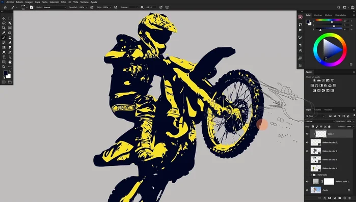 Para combinar colores y añadir variaciones, usar máscaras de recorte en las capas de forma y pintar con el color deseado.