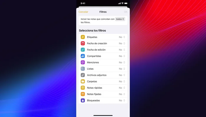 Crear carpetas inteligentes para filtrar notas por etiquetas, fechas, etc.