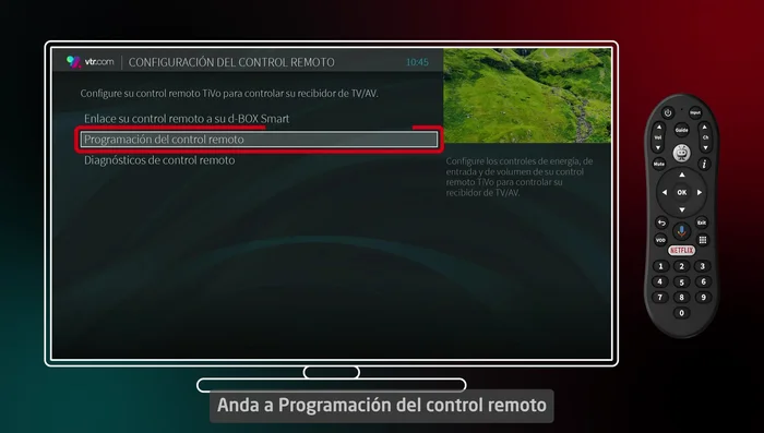 Ve a 'Programación del control remoto', cambia la configuración del audio y presiona 'Buscar dispositivos'.
