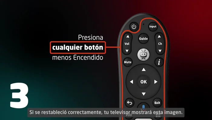 Presiona cualquier botón (excepto encendido). Si el televisor muestra la imagen de confirmación, el restablecimiento fue exitoso.
