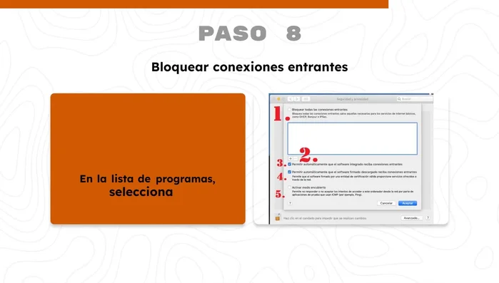 Bloquear conexiones entrantes. Selecciona el programa añadido y elige 'Bloquear todas las conexiones entrantes'.