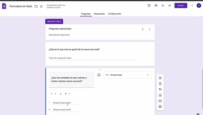 Agrega un título final ('Agregar título y descripción') para cerrar la encuesta de forma amigable. Considera añadir una imagen o video.
