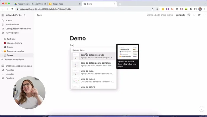 Añadir una base de datos integrada a la página vacía. Nombrarla con un título descriptivo (ej: 'Prueba').