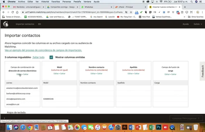 Asignar el nombre correcto a cada columna (correo electrónico, nombre, teléfono, etc.). Crear campos personalizados si es necesario.