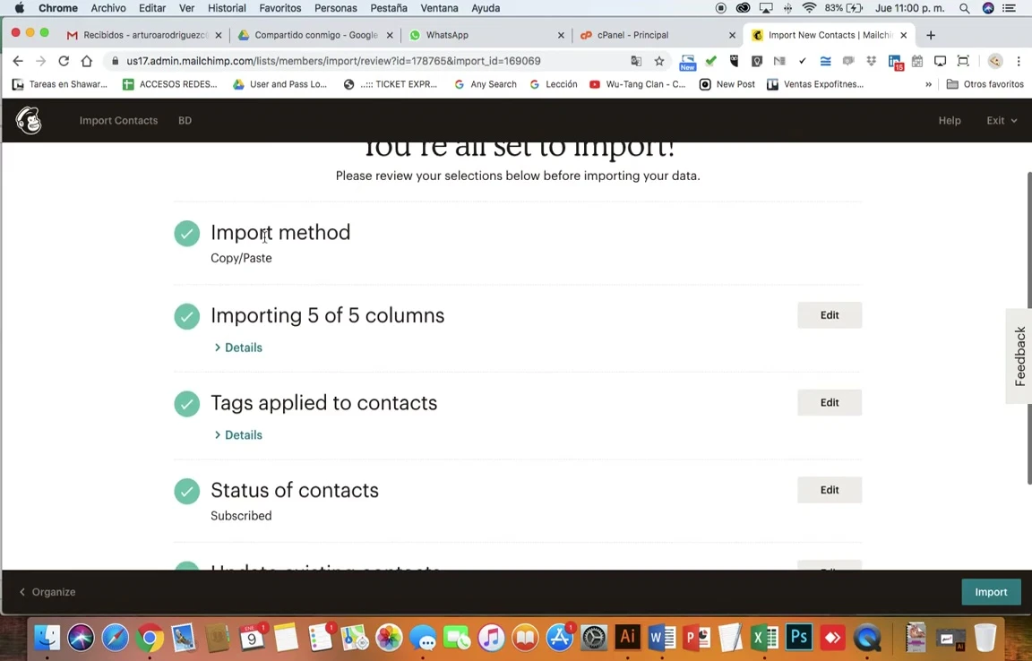 Importación eficiente de contactos a Mailchimp: Método Copiar y Pegar