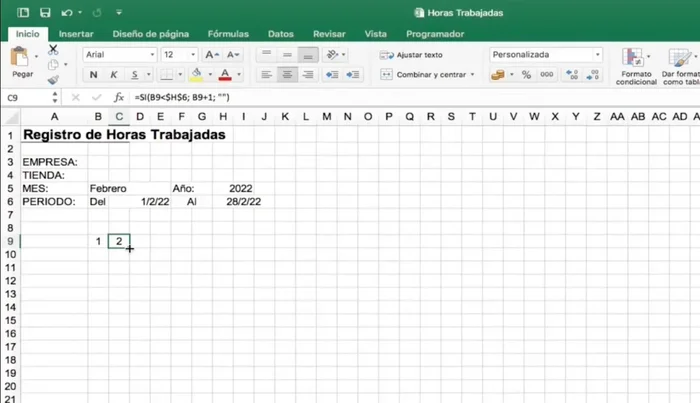 Copiar la fórmula para llenar los días del mes.