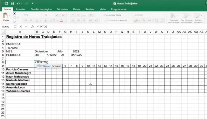 Copiar la fórmula para obtener los nombres de los días de la semana para todo el mes.