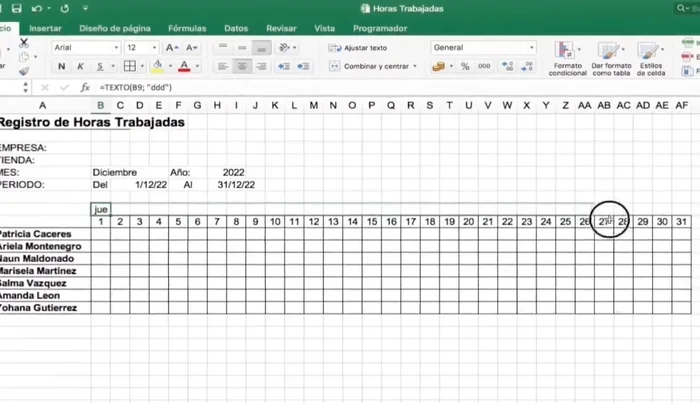 Copiar la fórmula para obtener los nombres de los días de la semana para todo el mes.