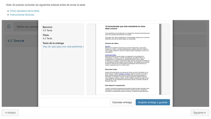 Si necesitas hacer cambios, haz clic en el enlace a la izquierda; si estás satisfecho, haz clic en "Aceptar entrega y guardar".