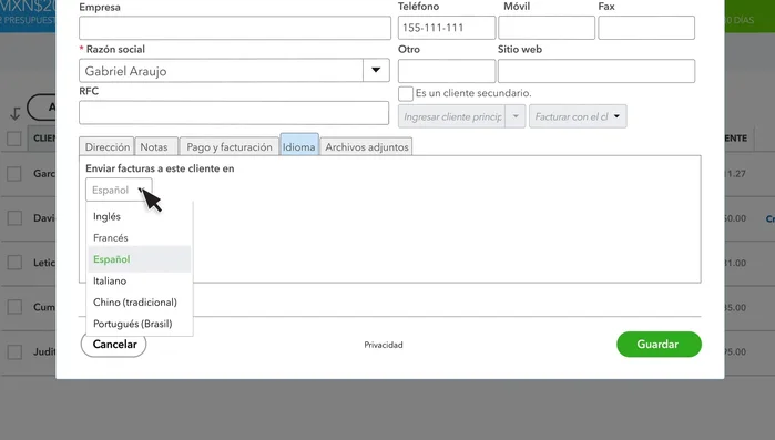 Selecciona el idioma de la factura y agrega archivos complementarios (opcional).