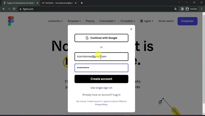 Crear tu cuenta, proporcionando tu nombre y especificando el uso de Figma (trabajo, personal, etc.).