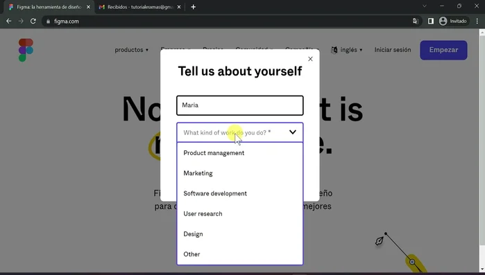 Crear tu cuenta, proporcionando tu nombre y especificando el uso de Figma (trabajo, personal, etc.).