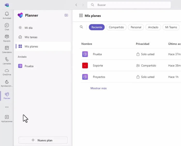 Observa la interfaz simplificada de Planner. Accede a 'Tareas de mi día', 'Mis tareas', 'Mis planes'.