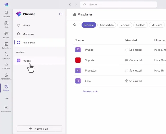 Observa la interfaz simplificada de Planner. Accede a 'Tareas de mi día', 'Mis tareas', 'Mis planes'.