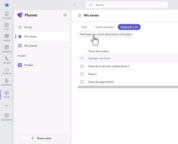 Integración con correo electrónico: las tareas generadas al marcar correos electrónicos con una banderita aparecen automáticamente en Planner.