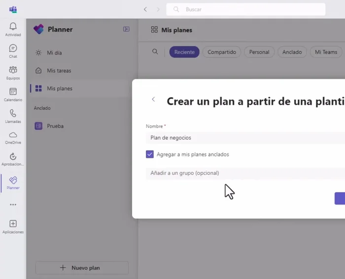 Personaliza tu plan: Nombra tu plan, anclalo a tus planers, y asígnalo a un equipo o mantenlo privado.