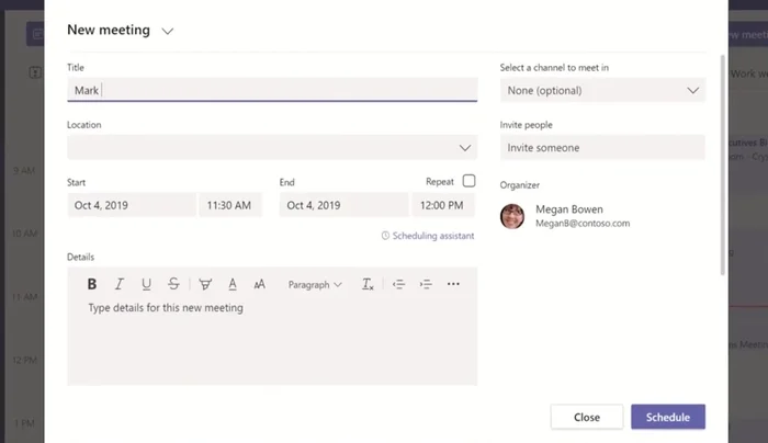 Elige una hora sugerida por Teams o usa el asistente de programación para ver la disponibilidad de todos.