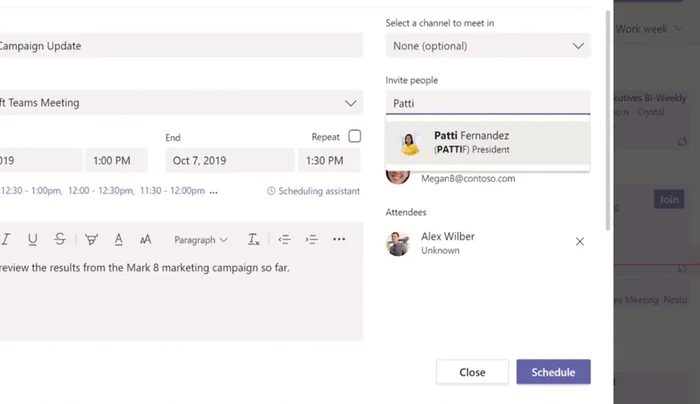 Elige una hora sugerida por Teams o usa el asistente de programación para ver la disponibilidad de todos.