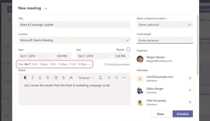 Elige una hora sugerida por Teams o usa el asistente de programación para ver la disponibilidad de todos.