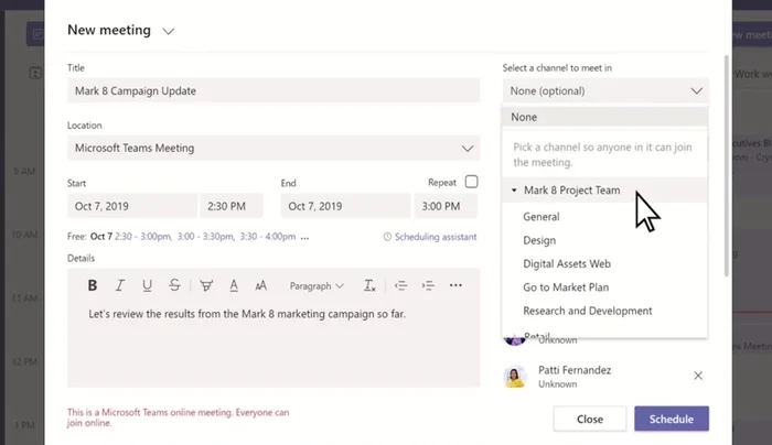 Define la privacidad de la reunión (privada o disponible para un canal).