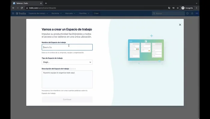 Crea un espacio de trabajo. Dale un nombre y selecciona una categoría (opcional). Puedes tener hasta 10 tableros por espacio de trabajo.