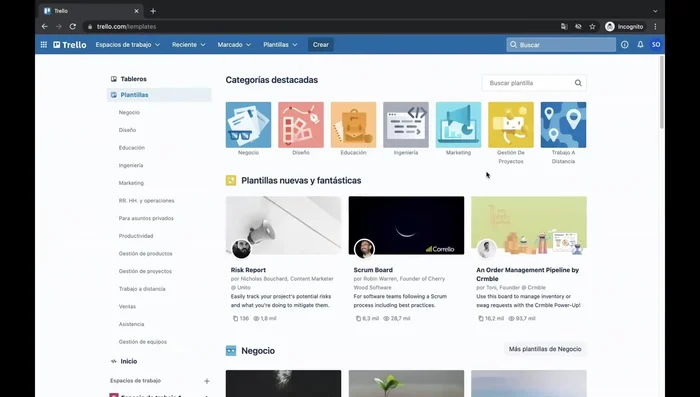 Utiliza plantillas prediseñadas para empezar rápidamente con tableros de diferentes categorías (negocios, marketing, etc.).