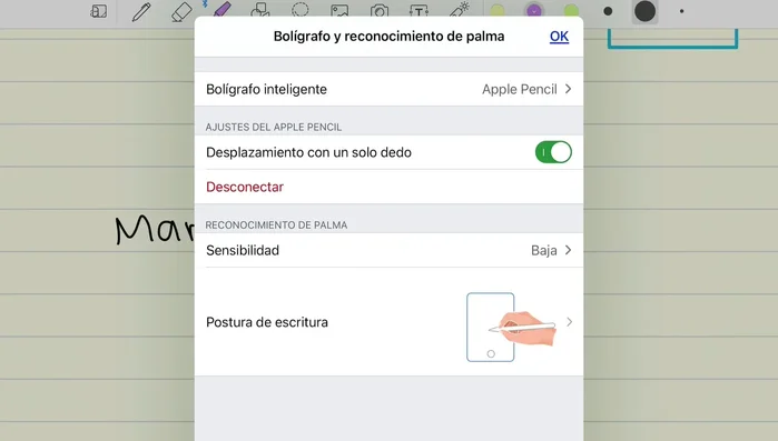 Ajustar la sensibilidad del reconocimiento de palma para una escritura cómoda.