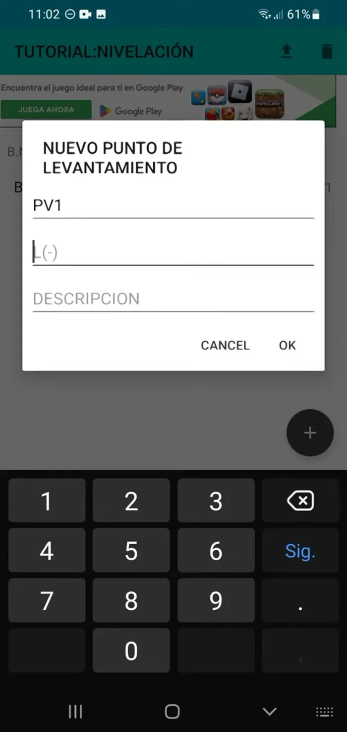 Ingresar los puntos visados: para cada punto, se debe introducir su nombre, la vista al frente (lectura del hilo medio sobre el punto) y una descripción opcional. La aplicación calculará automáticamente la cota del punto.