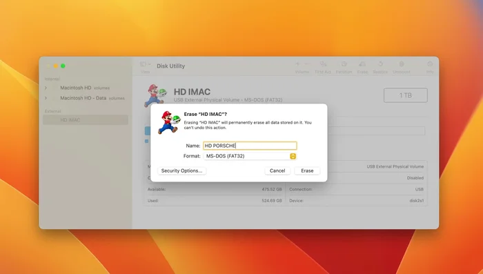 Borrar el disco duro externo: Seleccionar la opción "Borrar" en la Utilidad de Discos. Nombrar el disco y seleccionar el formato "Mac OS Extended (Journaled)" si solo se usará en Mac, o "exFAT" para compatibilidad con Windows y Mac.
