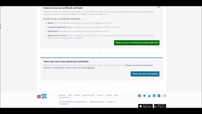 Para cursos gratuitos en edX, seleccionar la opción 'Tomar curso como oyente'.