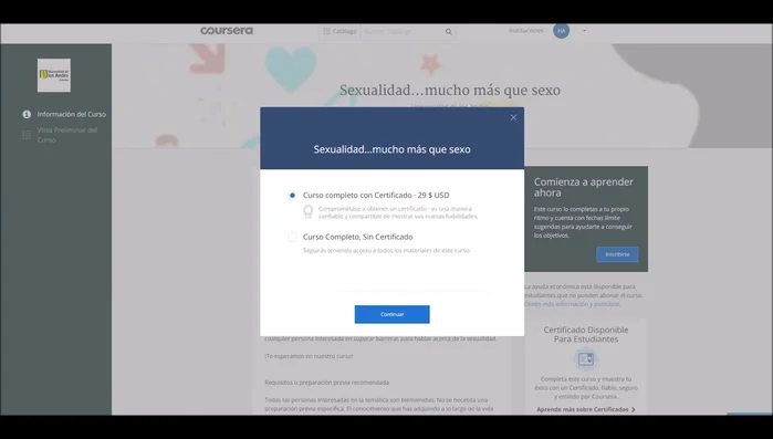 Elegir entre 'Curso completo con certificado' (costo simbólico) o 'Curso completo sin certificado' (gratis).