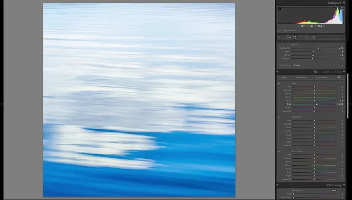 Ajustar los tonos HSL para oscurecer los azules, añadiendo profundidad.