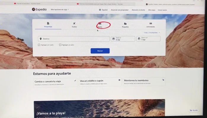 Seleccionar el tipo de viaje: alojamiento (hoteles) o vuelos.
