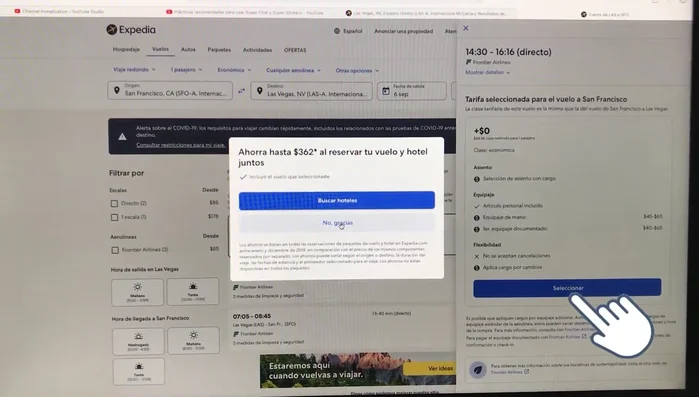 Seleccionar el vuelo deseado y completar la información personal y de la tarjeta de crédito para realizar la reserva.