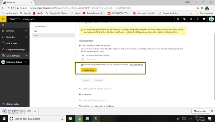En la configuración del conjunto de datos, selecciona la puerta de enlace recién instalada.