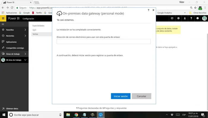 En la configuración del conjunto de datos, selecciona la puerta de enlace recién instalada.