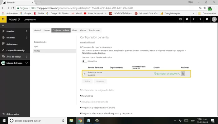 En la configuración del conjunto de datos, selecciona la puerta de enlace recién instalada.